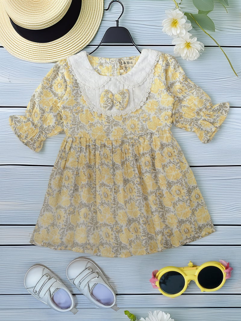 Floral Printed Dress for Girls - Yellow
